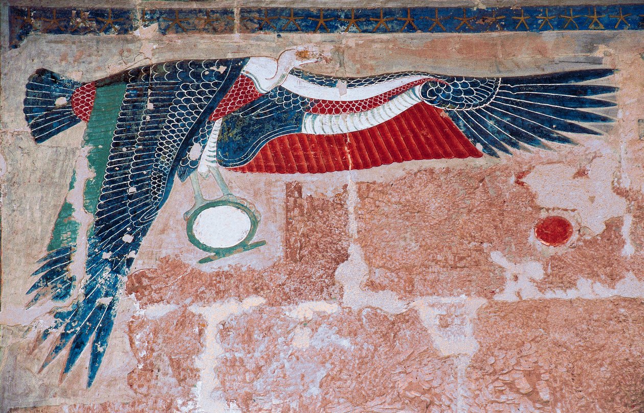 Malet relief forestillende en grib fra Øvre Egypten, Hatshepsuts gravtempel, Deir el-Bahari, Luxor, Theben (Unescos verdensarvsliste) af Egyptian 18th Dynasty