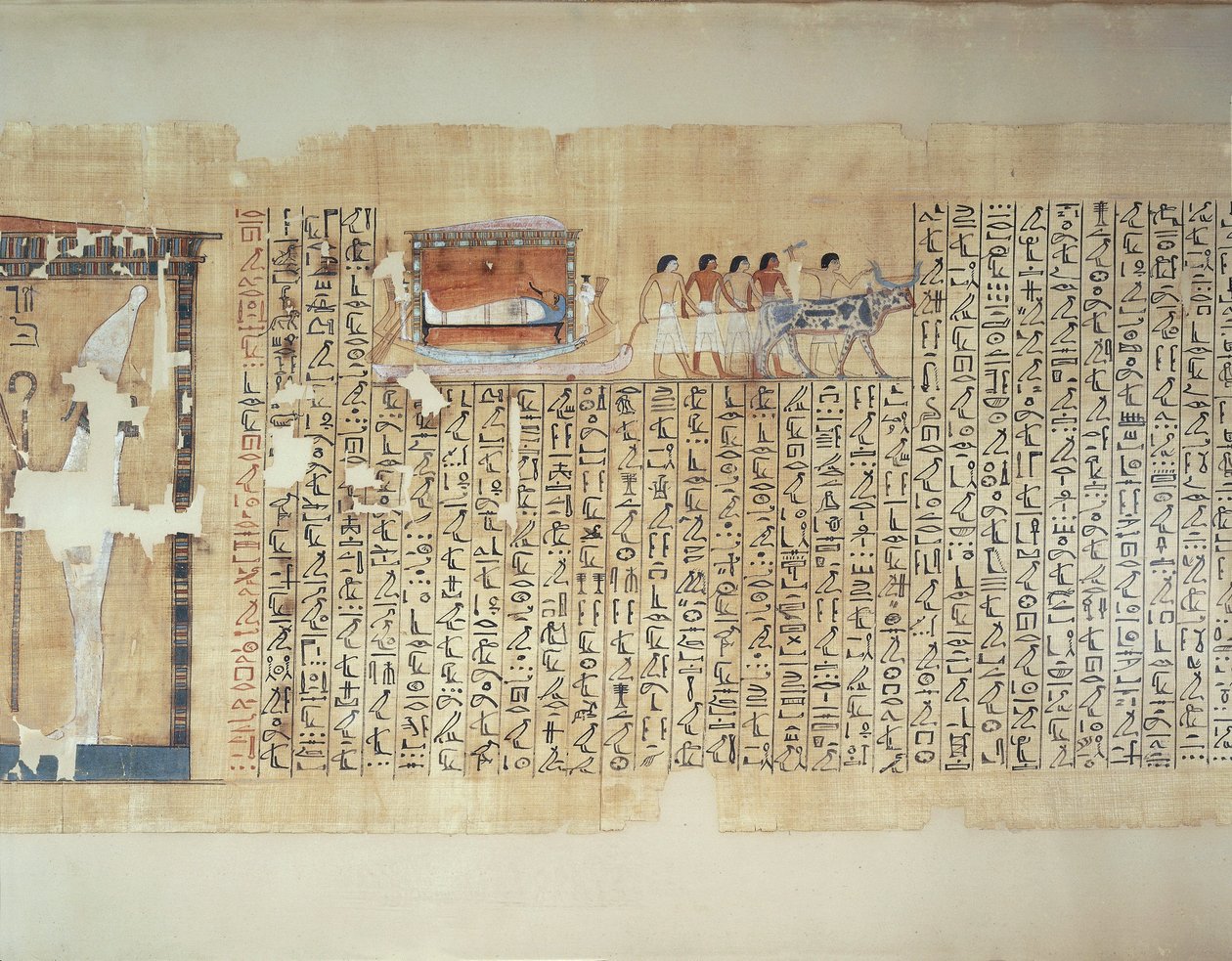 Papyrus, der viser transport af sarkofag på en vogn trukket af en okse, fra Maiherperis dødebog af Egyptian 18th Dynasty
