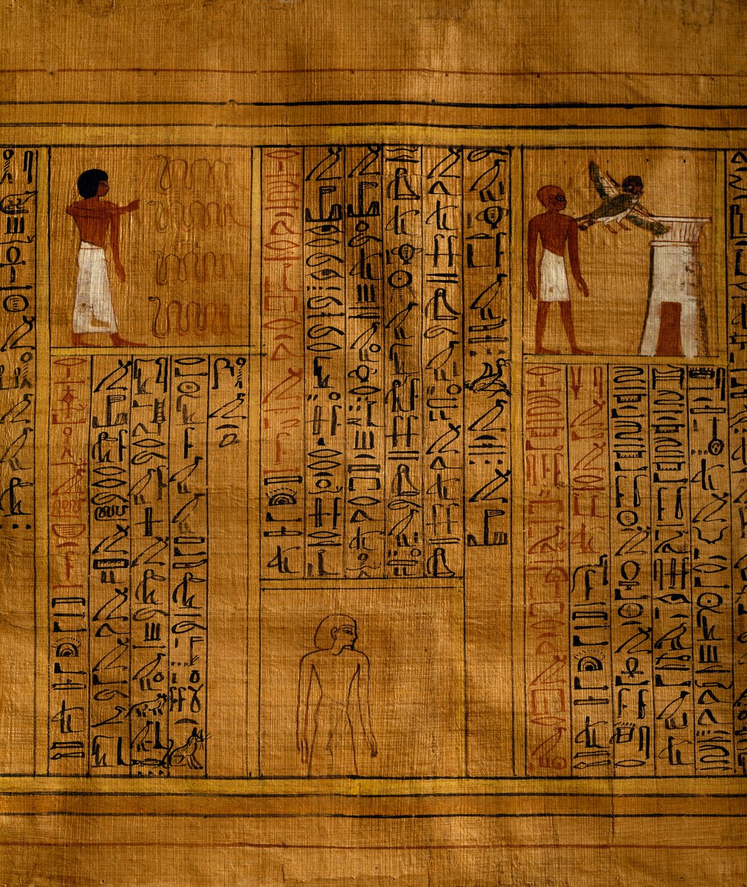 Del af dødebog med tekst i lodrette kolonner af hieroglyffer og indstik med polykrome illustrationer, papyrus, 34 cm x 14 cm, fra Kha-graven i Deir el-Medina, Egyptisk civilisation, Det Nye Rige, XVIII. dynasti af Egyptian 18th Dynasty