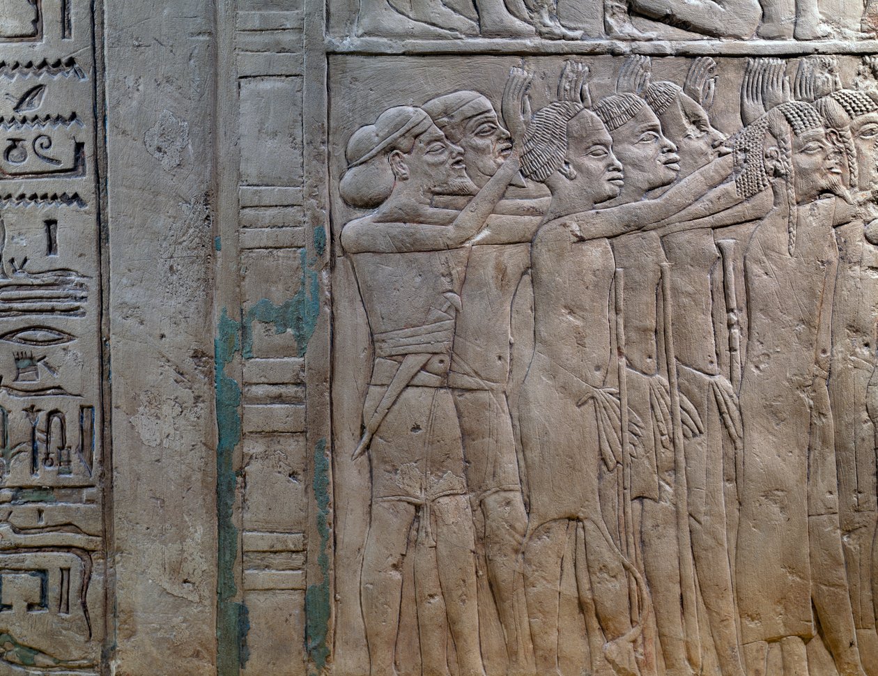 Prinser fra Nubien, Libyen, Syrien og Palæstina kommer for at hylde kongen, basrelief i kalksten, fra Memphite Tomb of Horemheb, i Saqqara, Egyptisk civilisation, Ny Rige, Dynasti XVIII af Egyptian 18th Dynasty