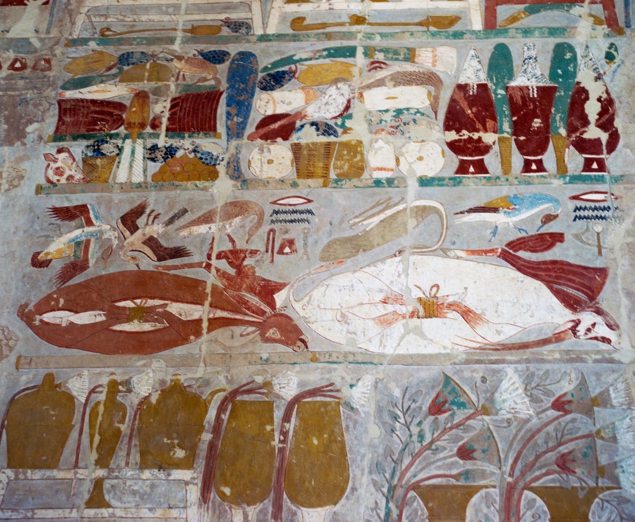 Proviant og keramik ofret til guderne af dronning Hatshepsut, malet relief, Anubis-kapellet, dronning Hatshepsuts gravtempel, også kendt som Djeser-Djeseru, Deir el-Bahri, Theben. Egyptisk civilisation, Det Nye Rige, Dynasti XVIII af Egyptian 18th Dynasty