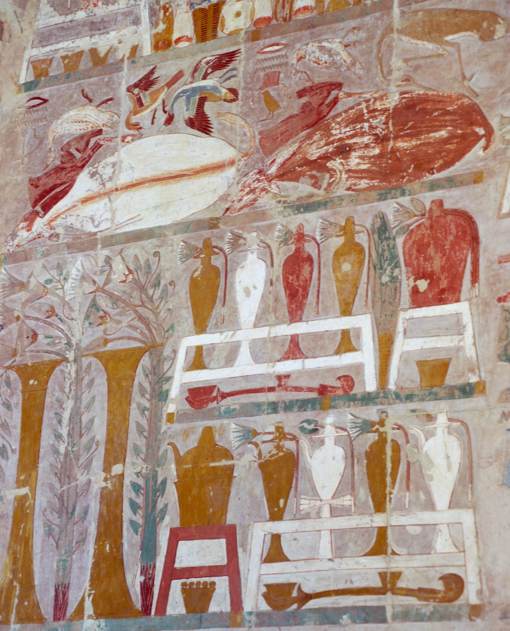 Proviant og keramik ofret til guderne af dronning Hatshepsut, malet relief, Anubis-kapellet, dronning Hatshepsuts gravtempel, også kendt som Djeser-Djeseru, Deir el-Bahri, Theben. Egyptisk civilisation, Det Nye Rige, Dynasti XVIII af Egyptian 18th Dynasty