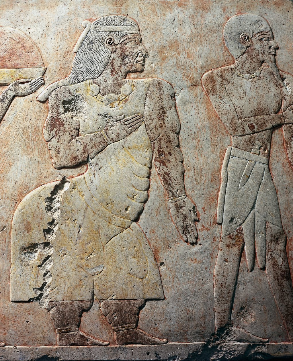 Dronningen af Punt, detaljescene med ekspedition til Punt-landet, malet relief, søjlegang i Punt, Hatshepsuts gravtempel, Deir el-Bahari, Thebens nekropolis (Unesco