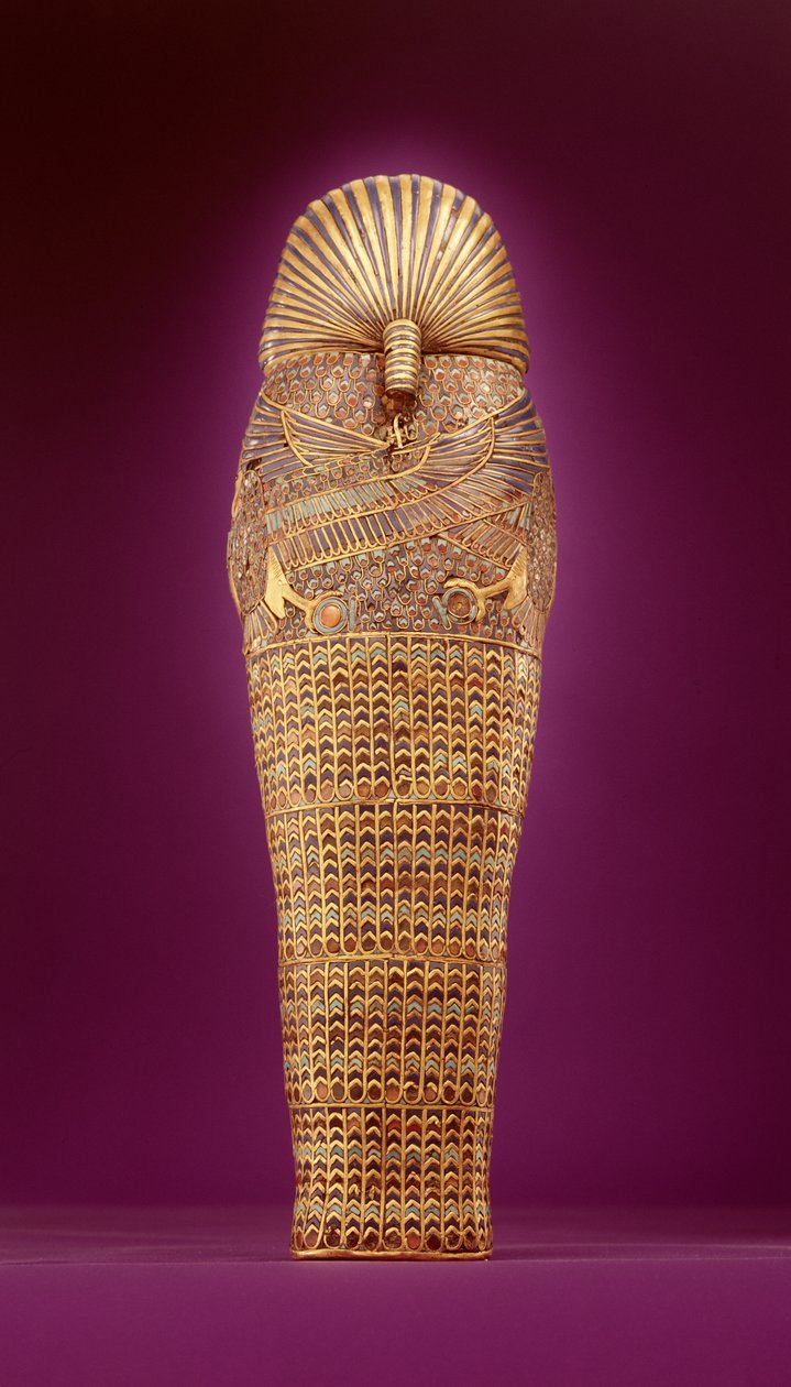 Set bagfra af en af de baldakiner, fra Tutankhamons grav (ca. 1370-1352 f.Kr.) New Kingdom (slået guld indlagt med farvet glas & cornelian) (se også 227990-91) af Egyptian 18th Dynasty