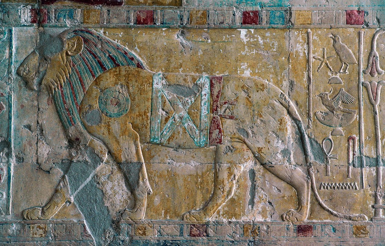 Relief forestillende Hatshepsut som løve, Hatshepsuts gravtempel, Deir el-Bahari, Luxor, Theben (Unescos verdensarvsliste) af Egyptian 18th Dynasty