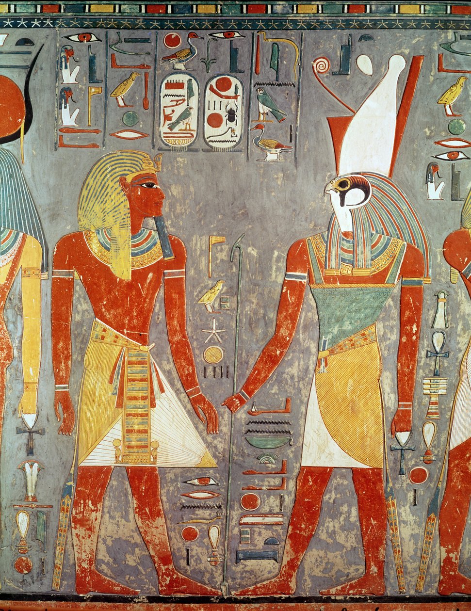 Relief forestillende Horemheb (ca. 1323-1295 f.Kr.) før Horus, fra hans grav, New Kingdom (malet kalksten) af Egyptian 18th Dynasty