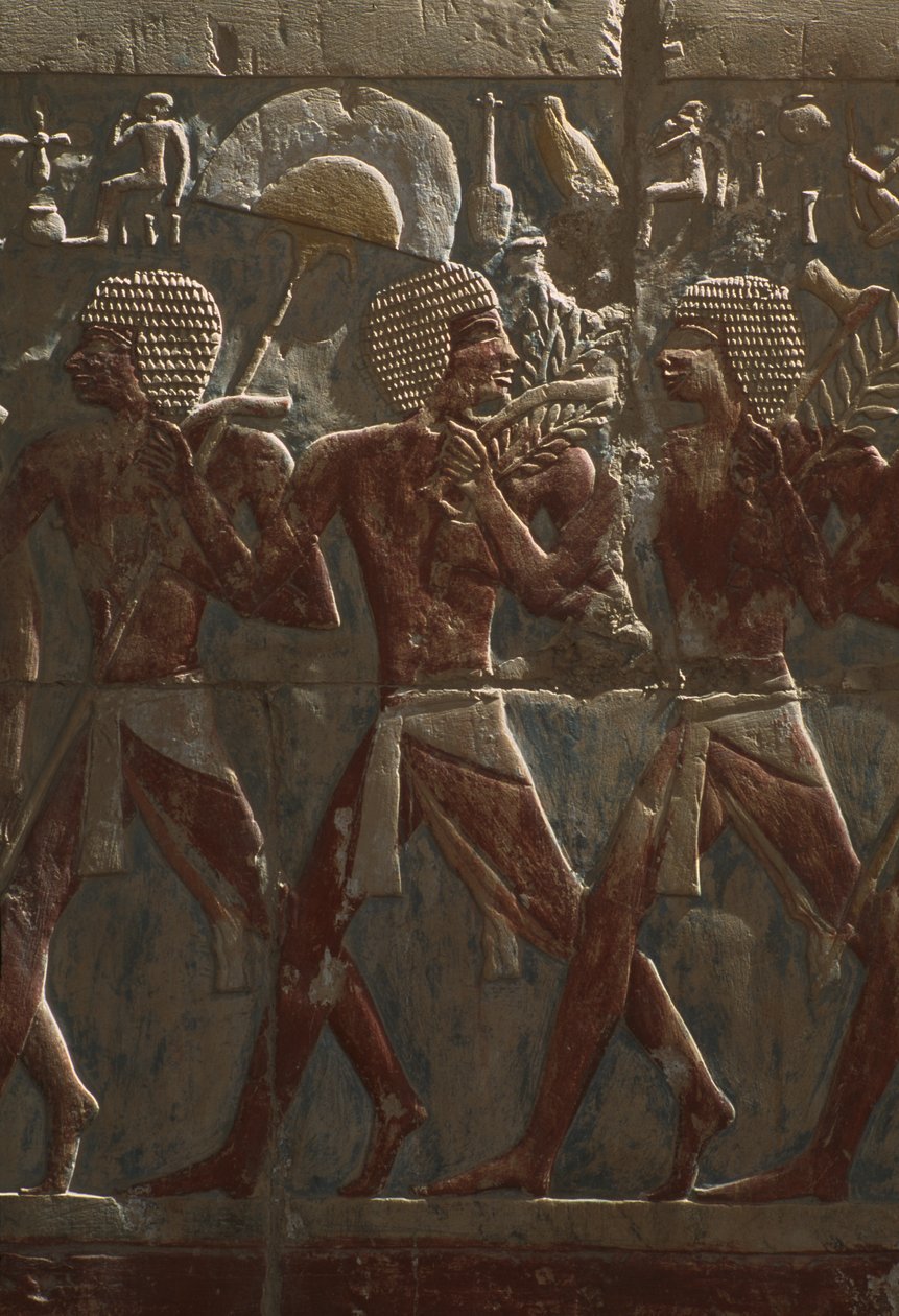Relief, der viser en parade til ære for gudinden Hathor, detalje fra Hatshepsuts lighustemplet (ca. 1503-1482 f.Kr.) New Kingdom (malet kalksten) (se også 382845) af Egyptian 18th Dynasty