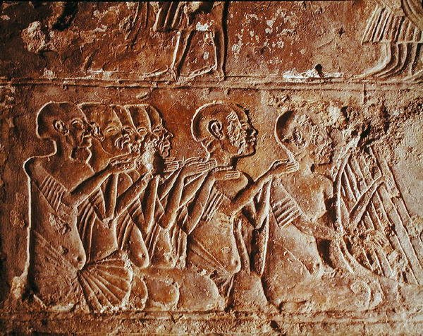 Relief af blinde sangere og en harpespiller, fra Meryres grav, New Kingdom af Egyptian 18th Dynasty