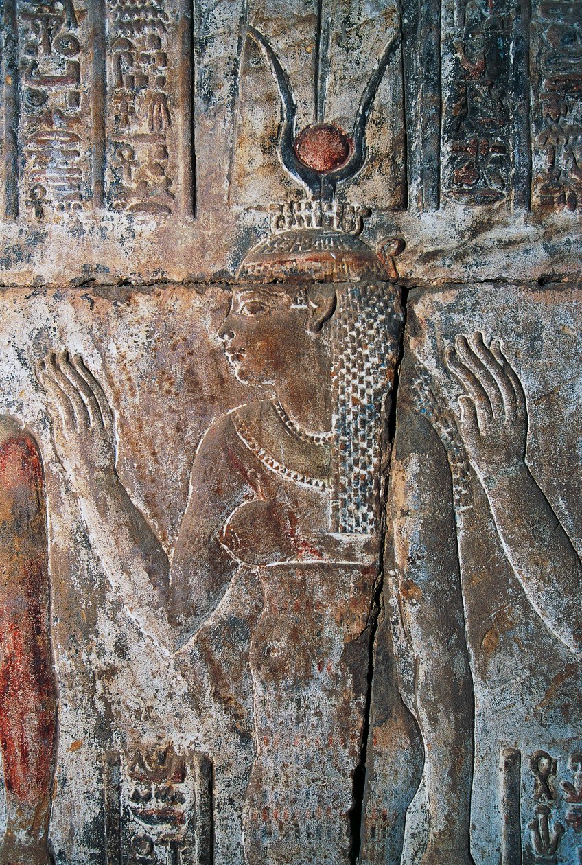 Relief af Hatshepsut afbildet som Hathor, Hatshepsuts gravtempel, Deir el-Bahri, Luxor, Theben (Unescos verdensarvsliste) af Egyptian 18th Dynasty