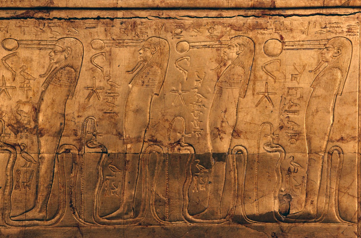 Relief på forgyldt trækiste, Tutankhamons skatkammer af Egyptian 18th Dynasty