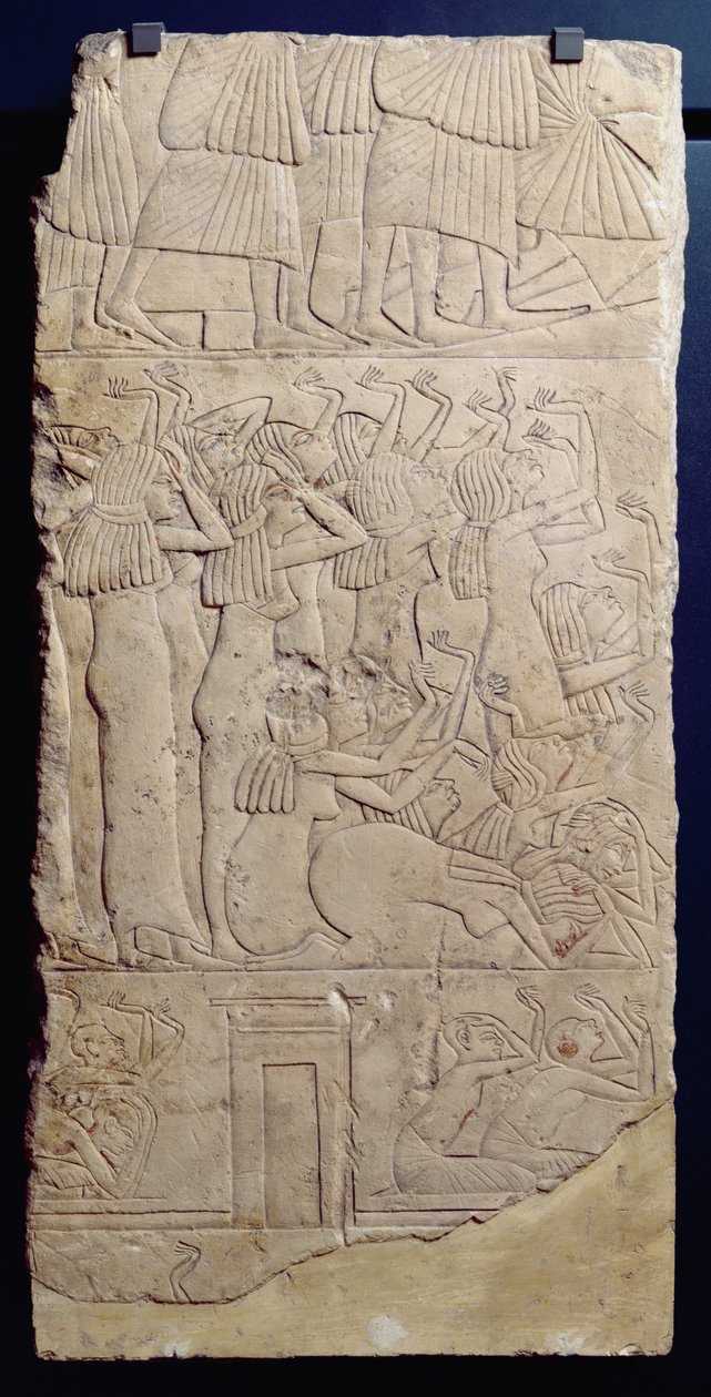 Beklagelsesscene under en begravelse fra Sakkara, New Kingdom, ca. 1330 f.Kr. (kalksten) af Egyptian 18th Dynasty