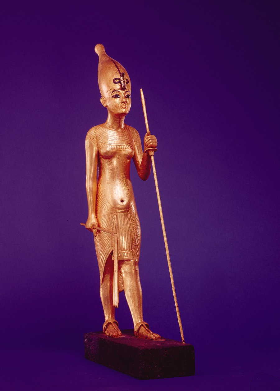 Statuette af kongen, fra Tutankhamons grav (ca. 1370-1352 f.Kr.) New Kingdom (forgyldt træ) af Egyptian 18th Dynasty