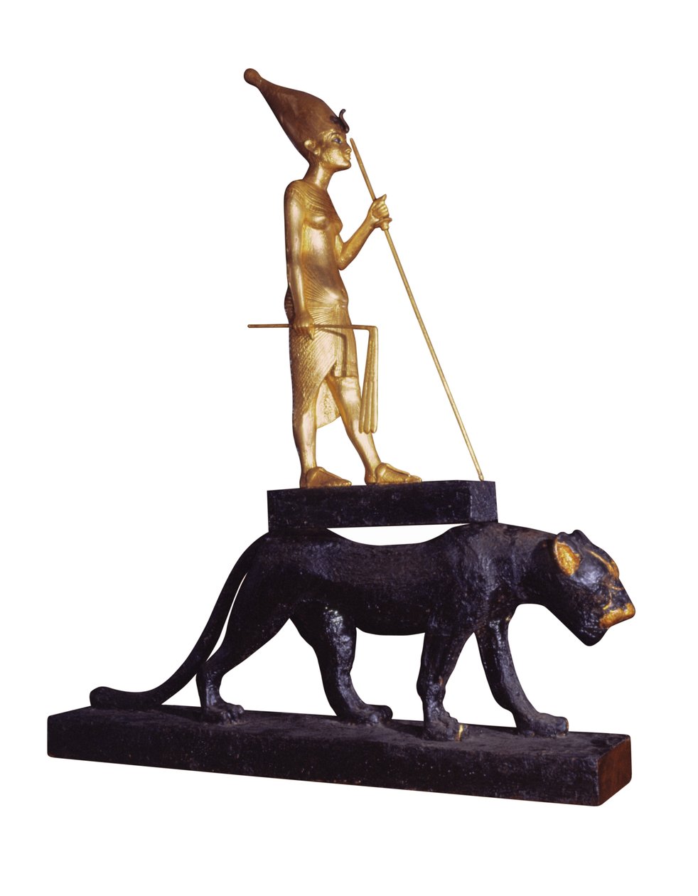 Statuette af kongen på en leopard. fra Tutankhamons grav (ca. 1370-1352 f.Kr.) New Kingdom (træ og forgyldt bronze) (se også 228569) af Egyptian 18th Dynasty