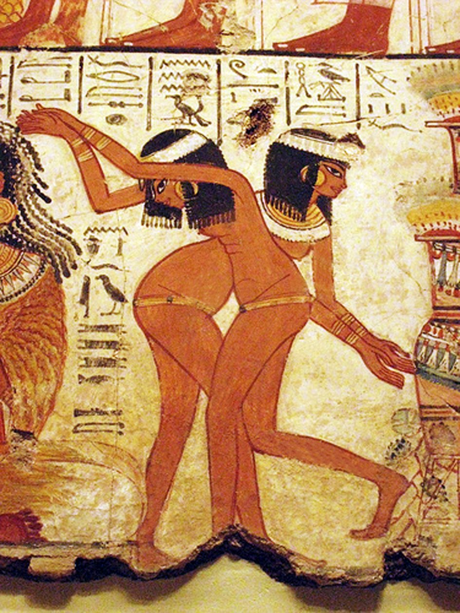 Tempelvægmaleri af to piger, der danser, Egypten (vægmaleri) af Egyptian 18th Dynasty