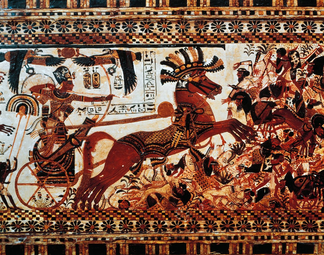 Jagtkassen. Detalje af scene, der skildrer kongen på sin vogn, der besejrer asiatiske fjender, New Kingdom, Dynasti XVIII af Egyptian 18th Dynasty