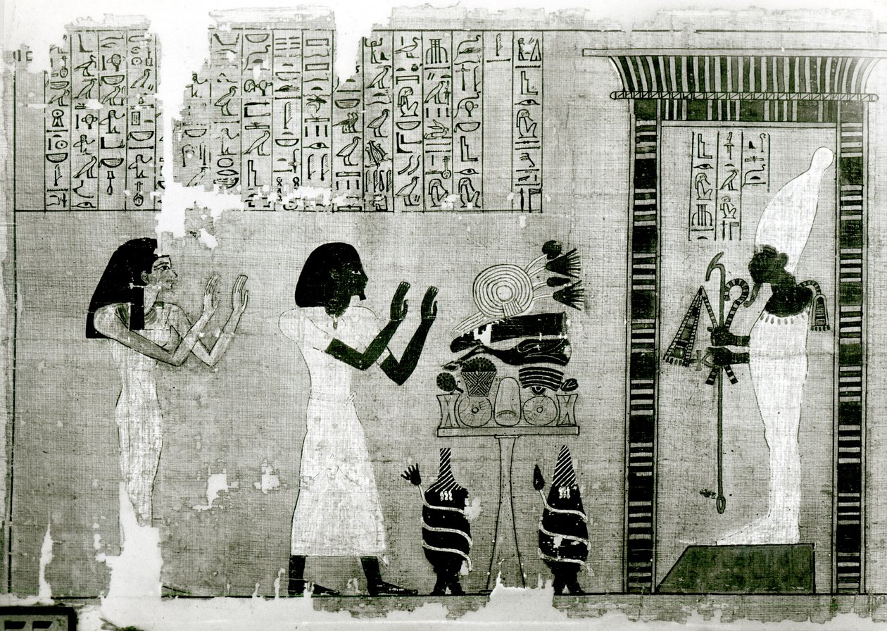 Den afdøde, ledsaget af sin søster, går for at hylde Osiris, detaljer fra Book of the Dead, New Kingdom (papyrus) af Egyptian 18th Dynasty