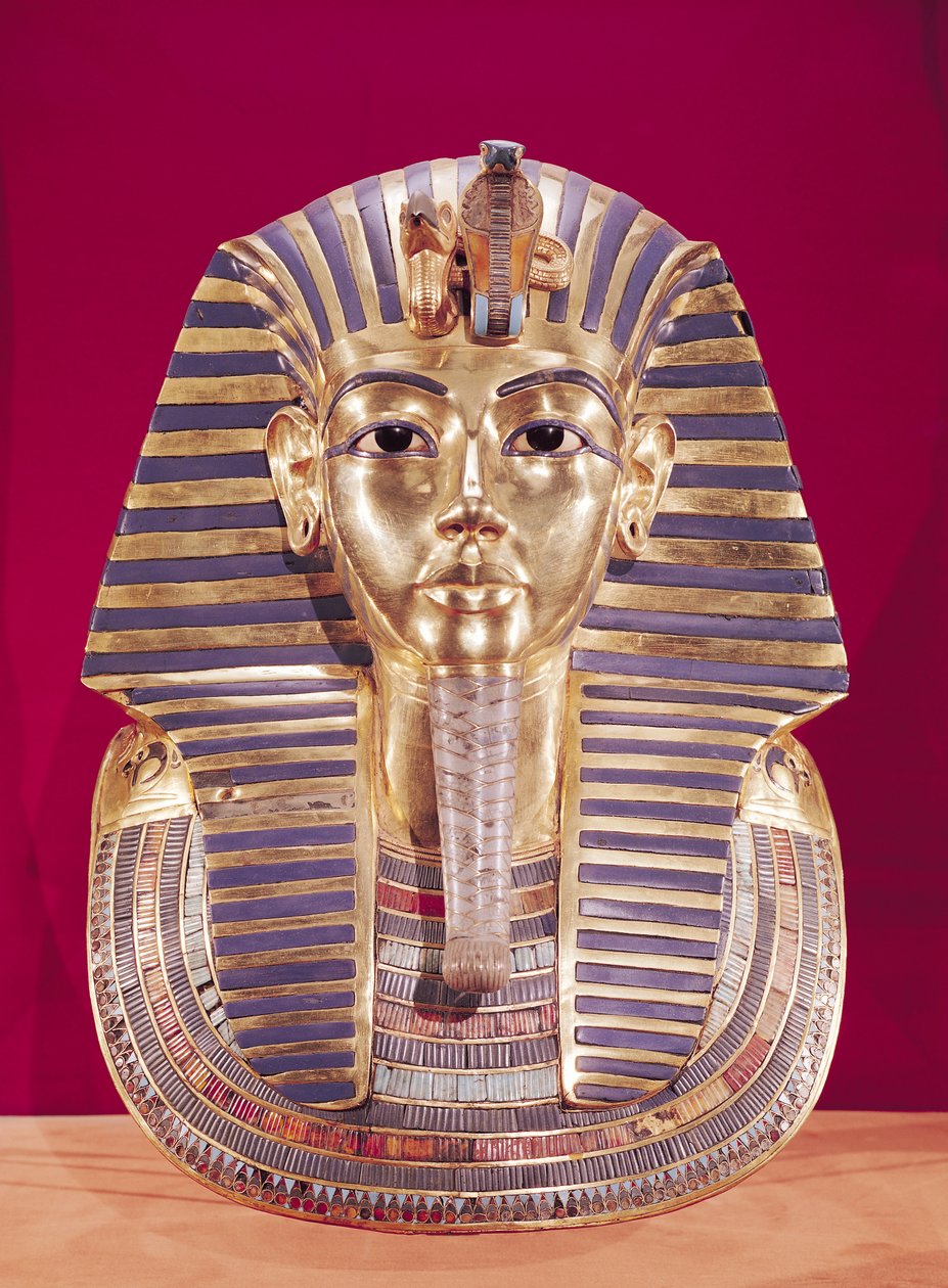 Tutankhamons begravelsesmaske (ca. 1370-1352 f.Kr.) ca. 1336-1327 f.Kr., New Kingdom (guld indlagt med halvædelsten) af Egyptian 18th Dynasty