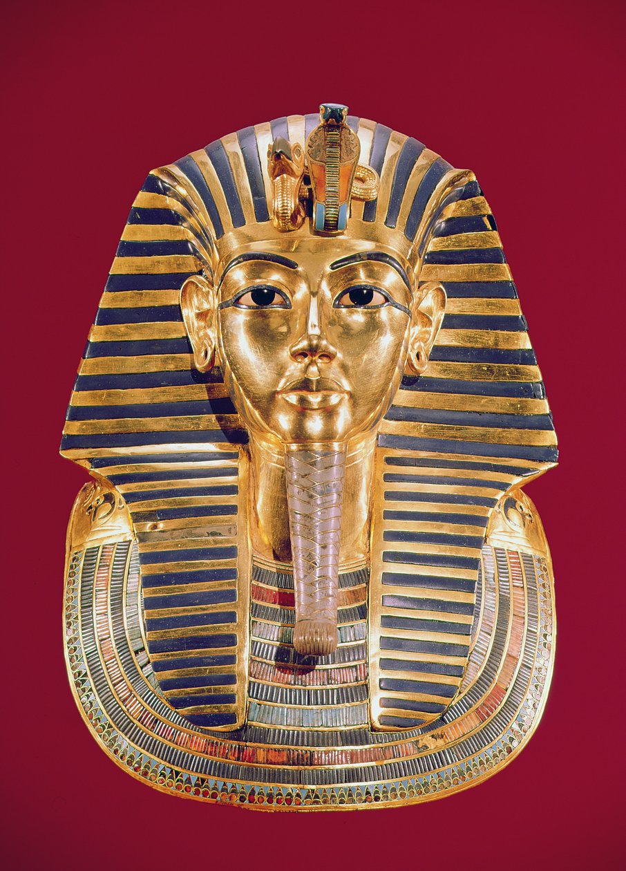 Tutankhamons begravelsesmaske (ca. 1370-1352 f.Kr.) ca. 1336-1327 f.Kr., New Kingdom (guld indlagt med halvædelsten) af Egyptian 18th Dynasty