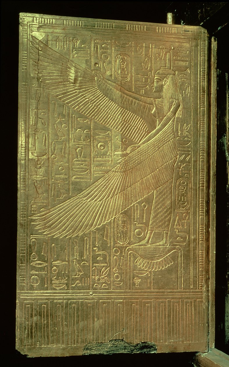 Gudinden Isis fra indersiden af en af dobbeltdørene til den tredje forgyldte helligdom, fra Tutankhamons grav (ca. 1370-52 f.Kr.) New Kingdom (forgyldt træ) af Egyptian 18th Dynasty