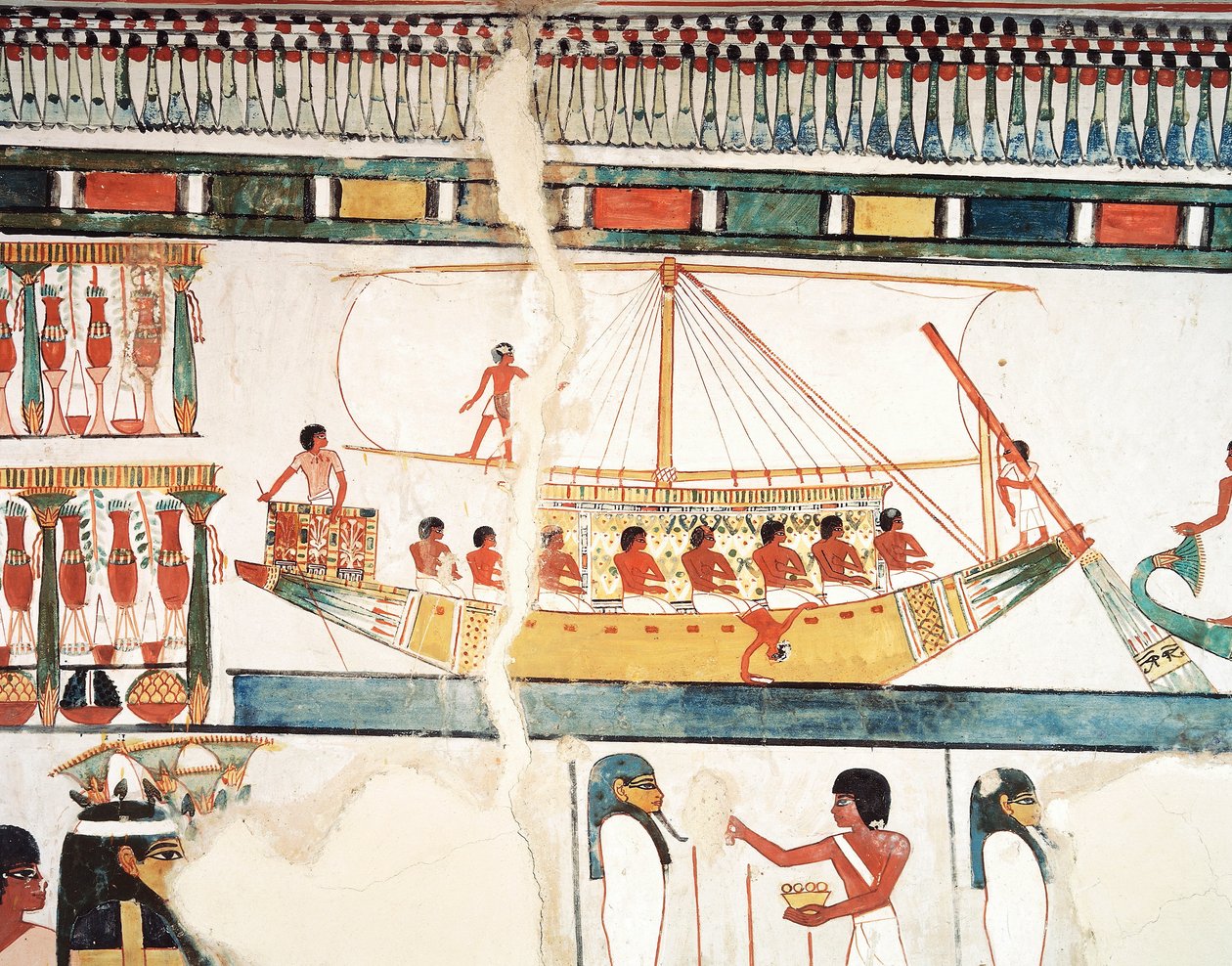 Solskibet, detaljer om pilgrimsrejsen til Abydos, fresco, nordvæg, lang spisestue, Theban Tomb TT69, Sheikh Abd el-Qurna, Theben (Unescos verdensarvsliste af Egyptian 18th Dynasty