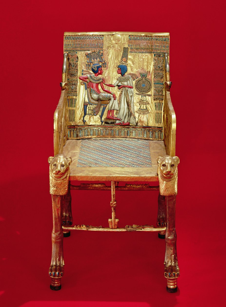 Tronen, fra Tutankhamons grav (ca. 1370-1352 f.Kr.) New Kingdom (forgyldt træ indlagt med halvædelsten) af Egyptian 18th Dynasty