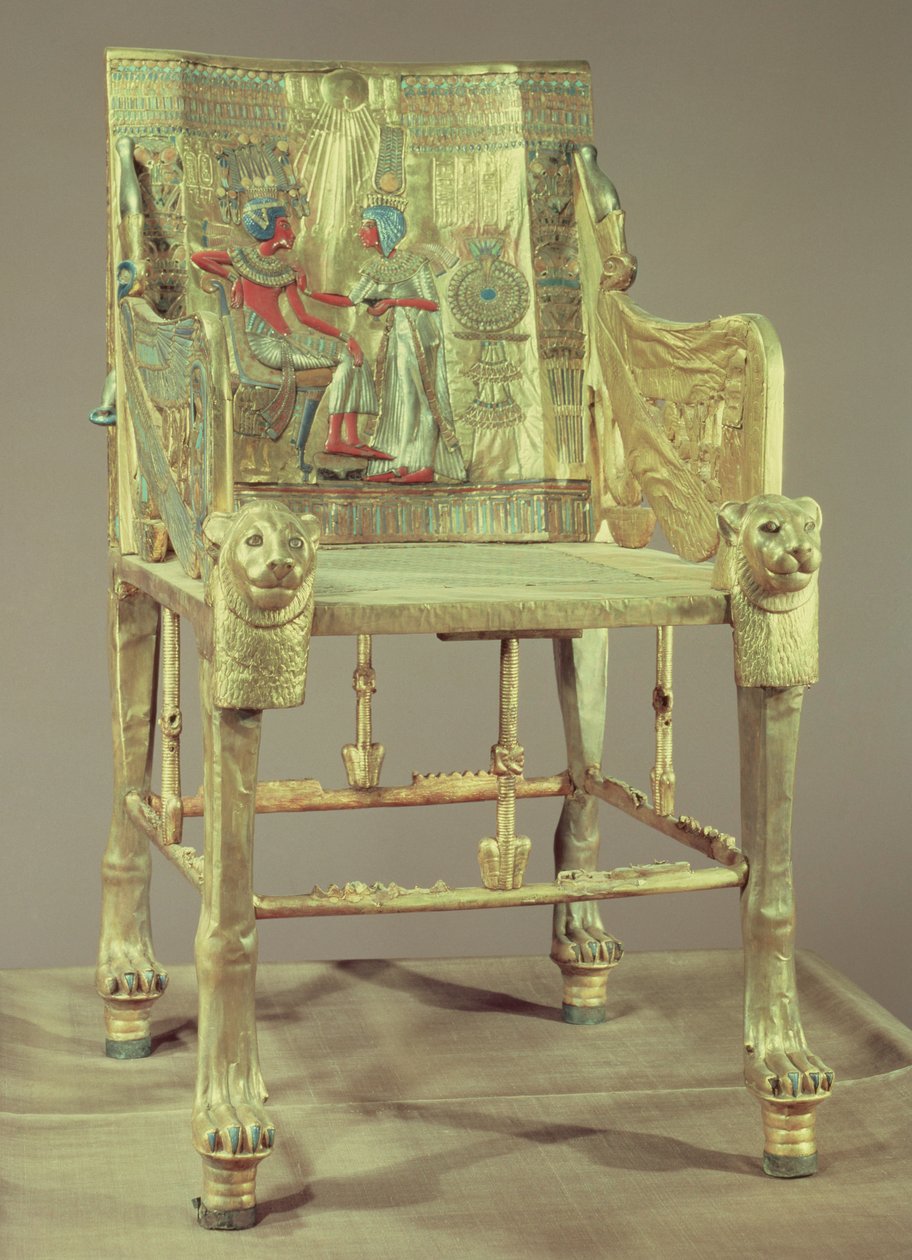Tutankhamons trone (ca. 1370-52 f.Kr.) New Kingdom (forgyldt træ indlagt med halvædelsten) (se 59231) af Egyptian 18th Dynasty