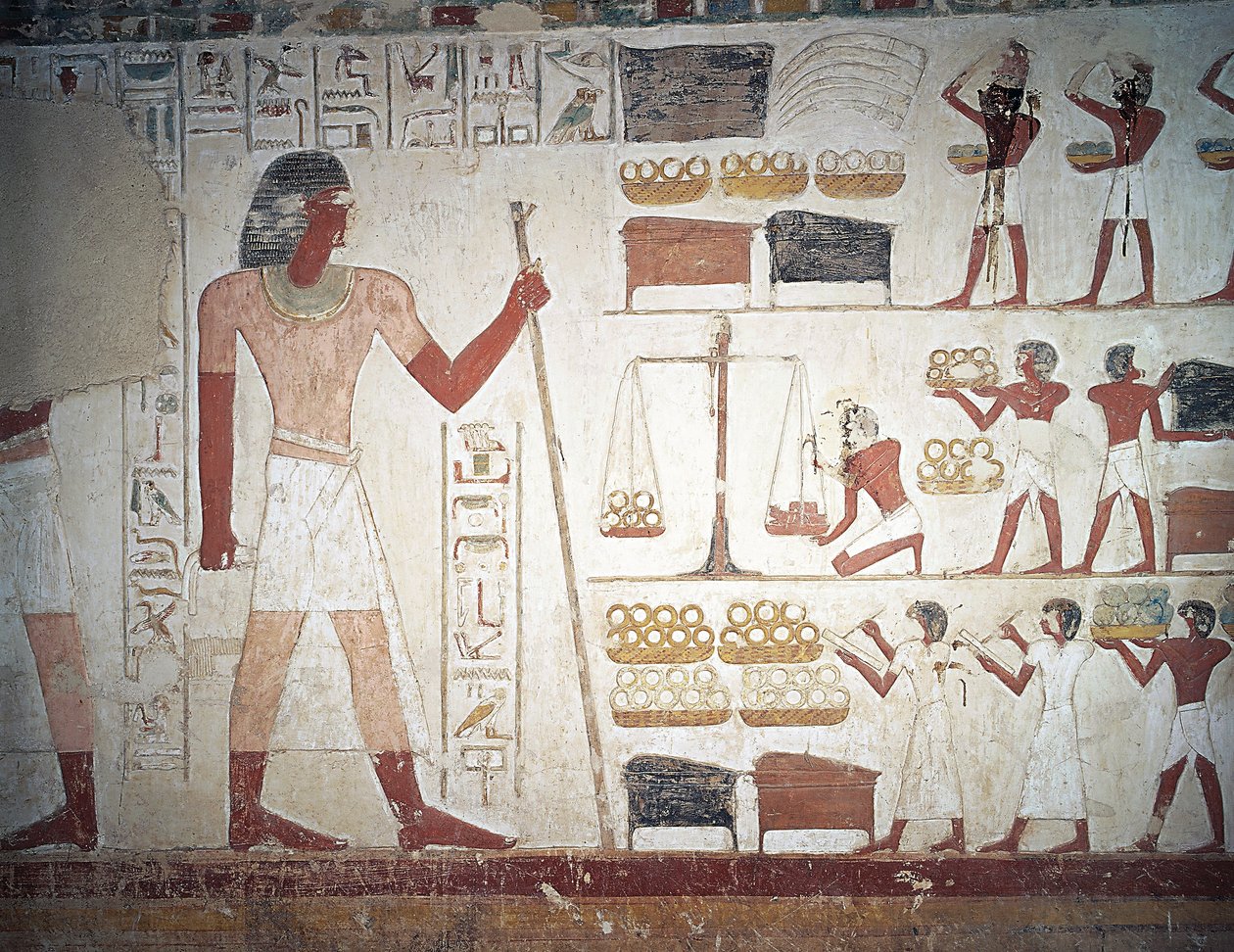 Vejningen af kobber, freskomaleri, Brugerhats grav, vejleder og skriver under Amenhotep II
