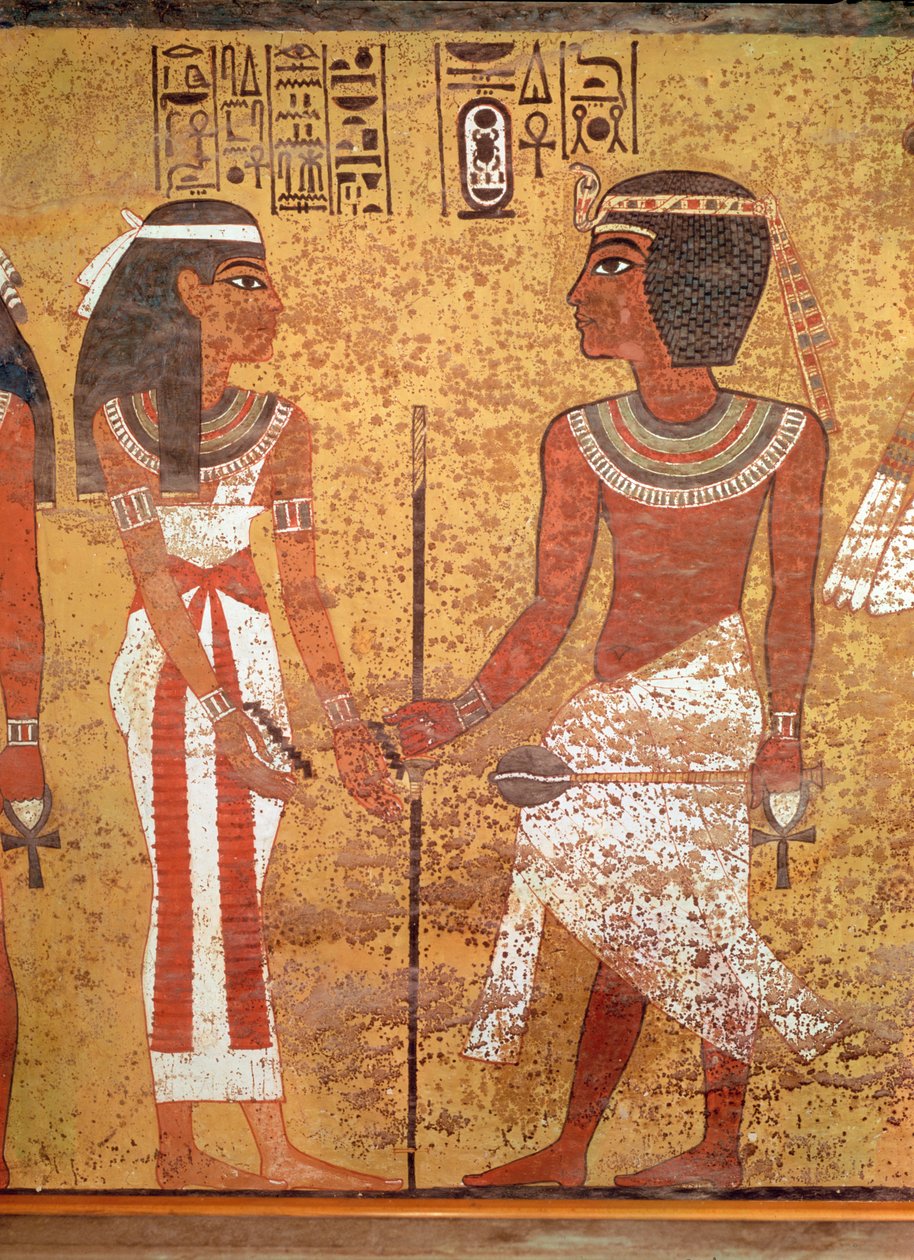 Tutankhamon (ca. 1370-1352 f.Kr.) og hans kone, Ankhesenamun, fra hans grav, New Kingdom (malet kalksten) af Egyptian 18th Dynasty