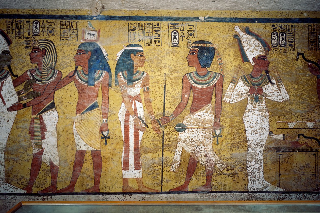Tutankhamon foran Osiris, farao foran gudinden Nut og Ay, der udfører mundåbningsceremonien, fresko, væg i gravkammer, Tutankhamons grav, Kongernes Dal, Theben, Egypten. Egyptisk civilisation, Det Nye Rige, Dynasti XVIII af Egyptian 18th Dynasty