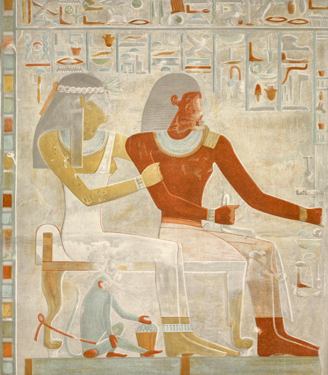illustration af fresken Paheri og hans kone Henut-er-neheh fra Paheris grav i El Kab, Egypten, billede offentliggjort i 1895 (Udskriv) af Egyptian 18th Dynasty