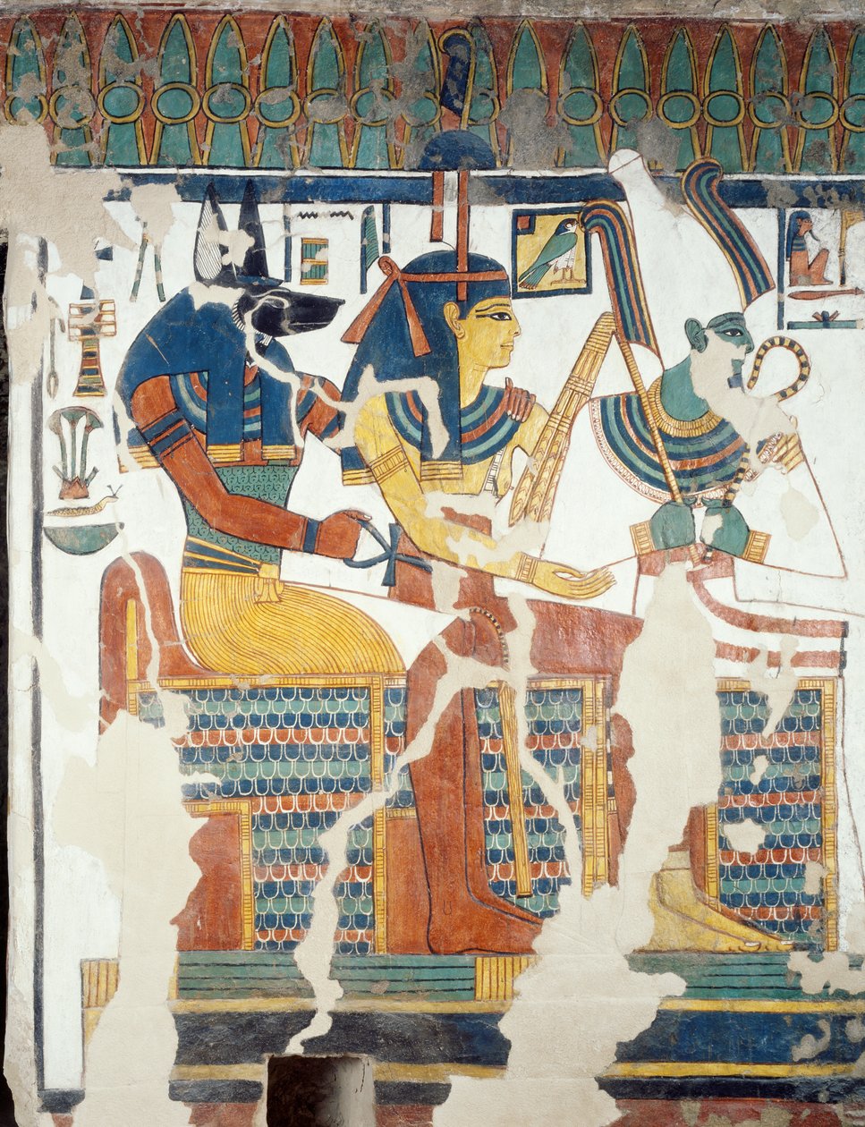 Anubis, Osiris og Nefertari, fra det andet kammer i Nefertaris grav, detalje (fresko) af Egyptian 19th Dynasty