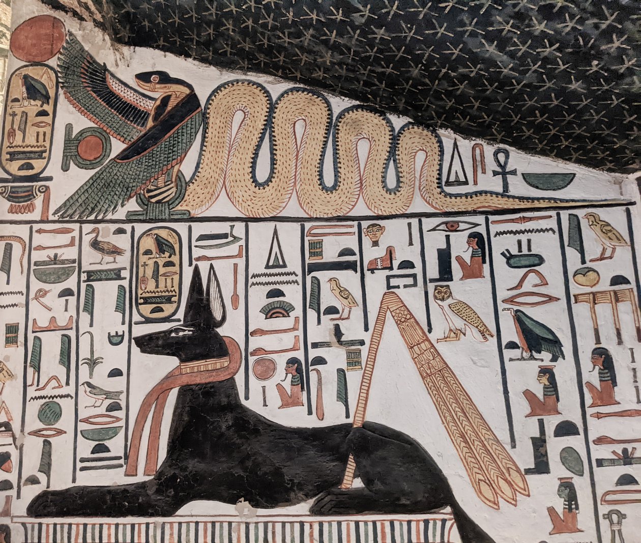 Anubis og cobra (vægmaleri) af Egyptian 19th Dynasty