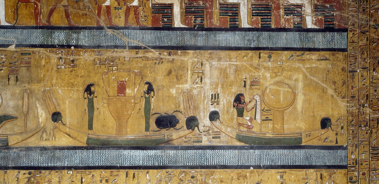 Både med søstre, gudinder og skarabee, gud med strudsefjer og måne på æske, freskomaleri fra den store Hypostyle Hall of Tomb of Seti I, Valley of Kings, Luxor, Theben (Unesco Unesco af Egyptian 19th Dynasty