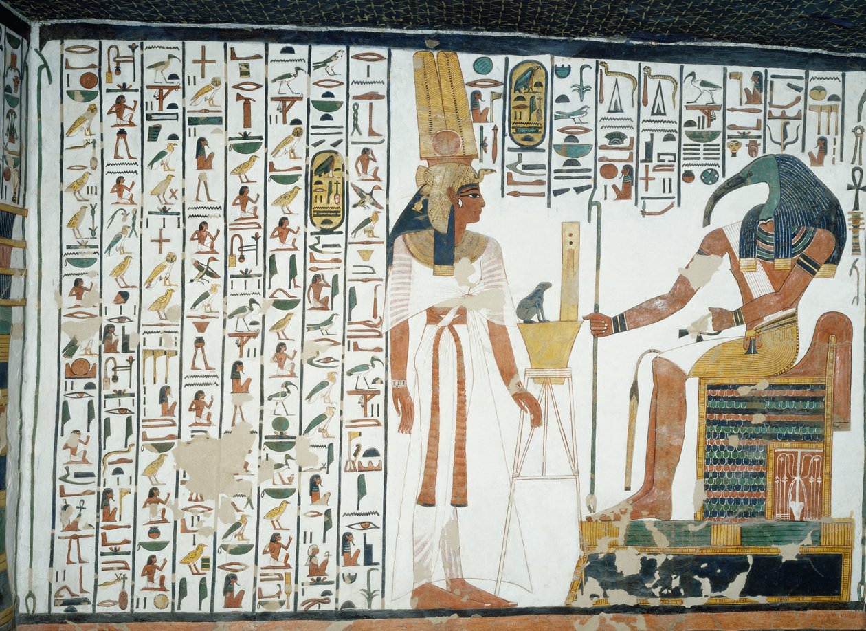 Kapitel 94 i De dødes Bog, Nefertari stående foran guden Thoth, den ibis-hovedet skriver, fresko, nordvæg, østsidekammer, Nefertaris grav (QV66), Queens Valley, Theben. Egyptisk civilisation, New Kingdom, Dynasti XIX. af Egyptian 19th Dynasty