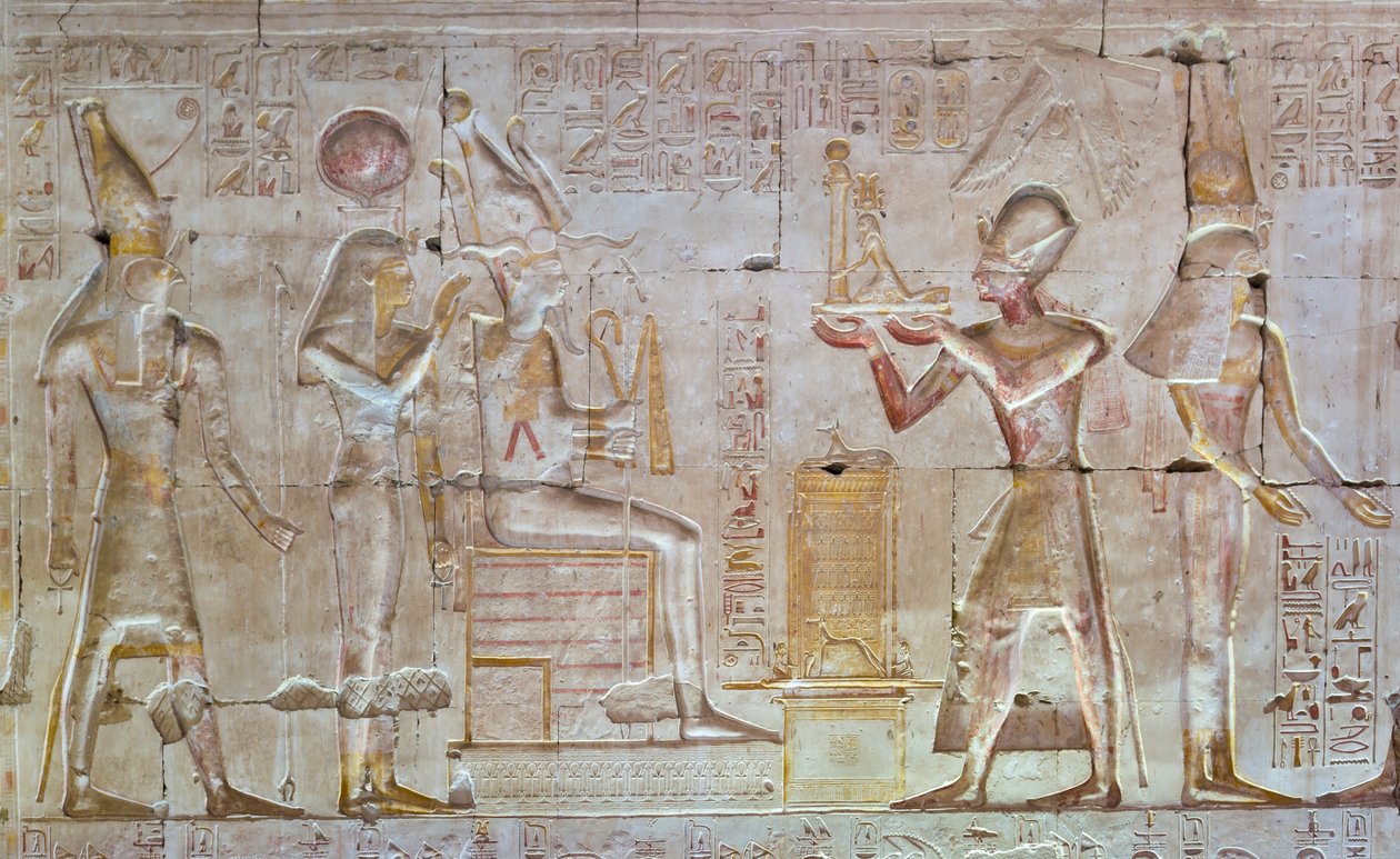 Farvet relief, tempel Seti I, Abydos, Egypten af Egyptian 19th Dynasty