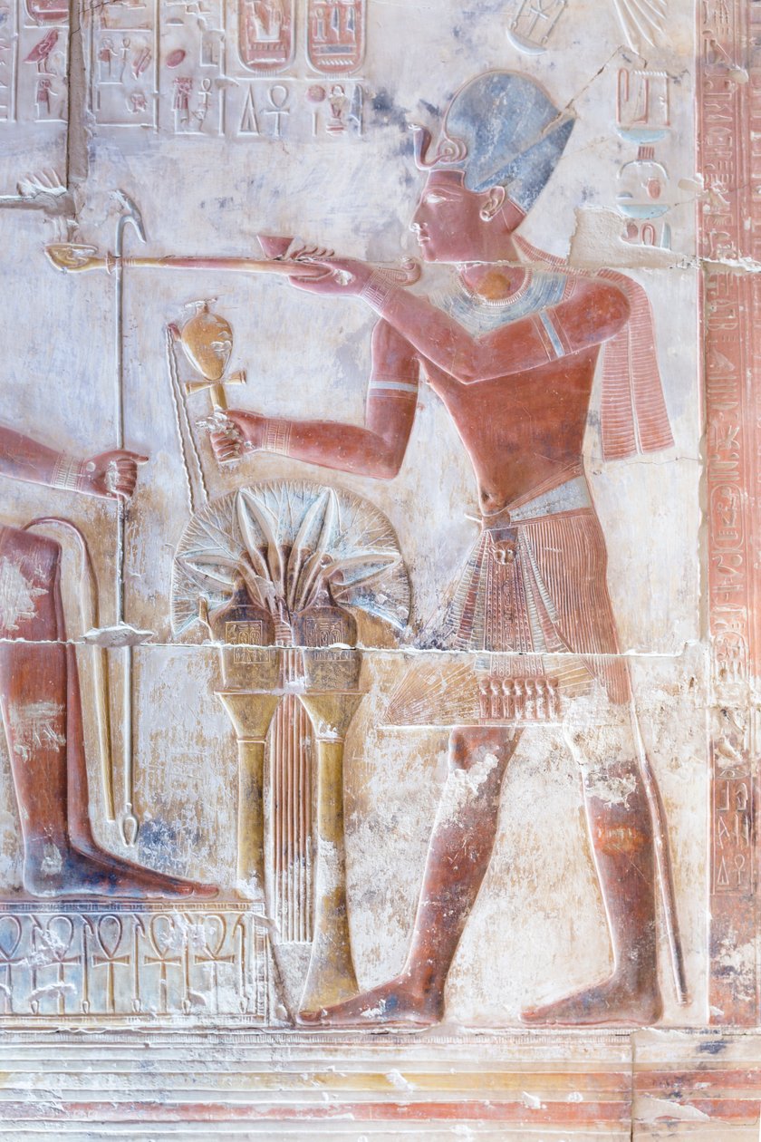 Farvet relief, tempel Seti I, Abydos, Egypten af Egyptian 19th Dynasty