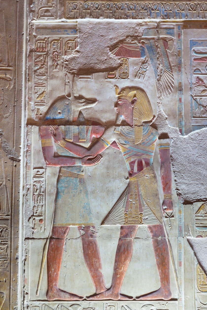 Farvet relief, tempel Seti I, Abydos, Egypten af Egyptian 19th Dynasty