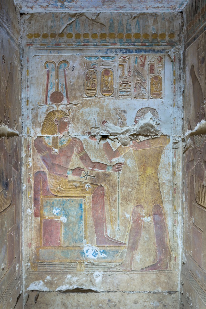 Farvet relief, tempel Seti I, Abydos, Egypten af Egyptian 19th Dynasty