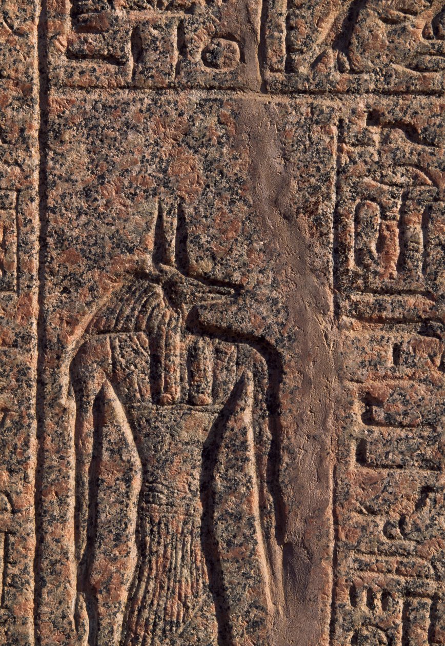 Afbildning af Anubis, detalje af inskription og relief af Anubis og en anden gud, Amenhoteps sarkofag, Memphis (Unesco