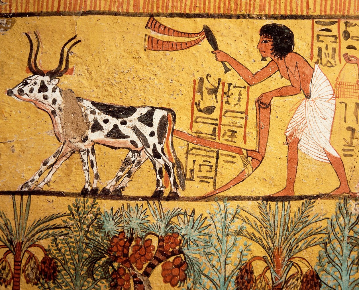 Egypten, Det gamle Theben, Deir el-Medina, Sennedjems grav, vægmaleri forestillende Sennedjem, der pløjer Iarus marker af Egyptian 19th Dynasty