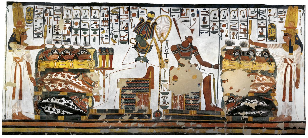 Egypten, Theben, Luxor, Dronningenes Dal, Nefertaris grav, Annex til forkammeret, Vægmalerier, Dronningoffer før Osiris og Atum af Egyptian 19th Dynasty