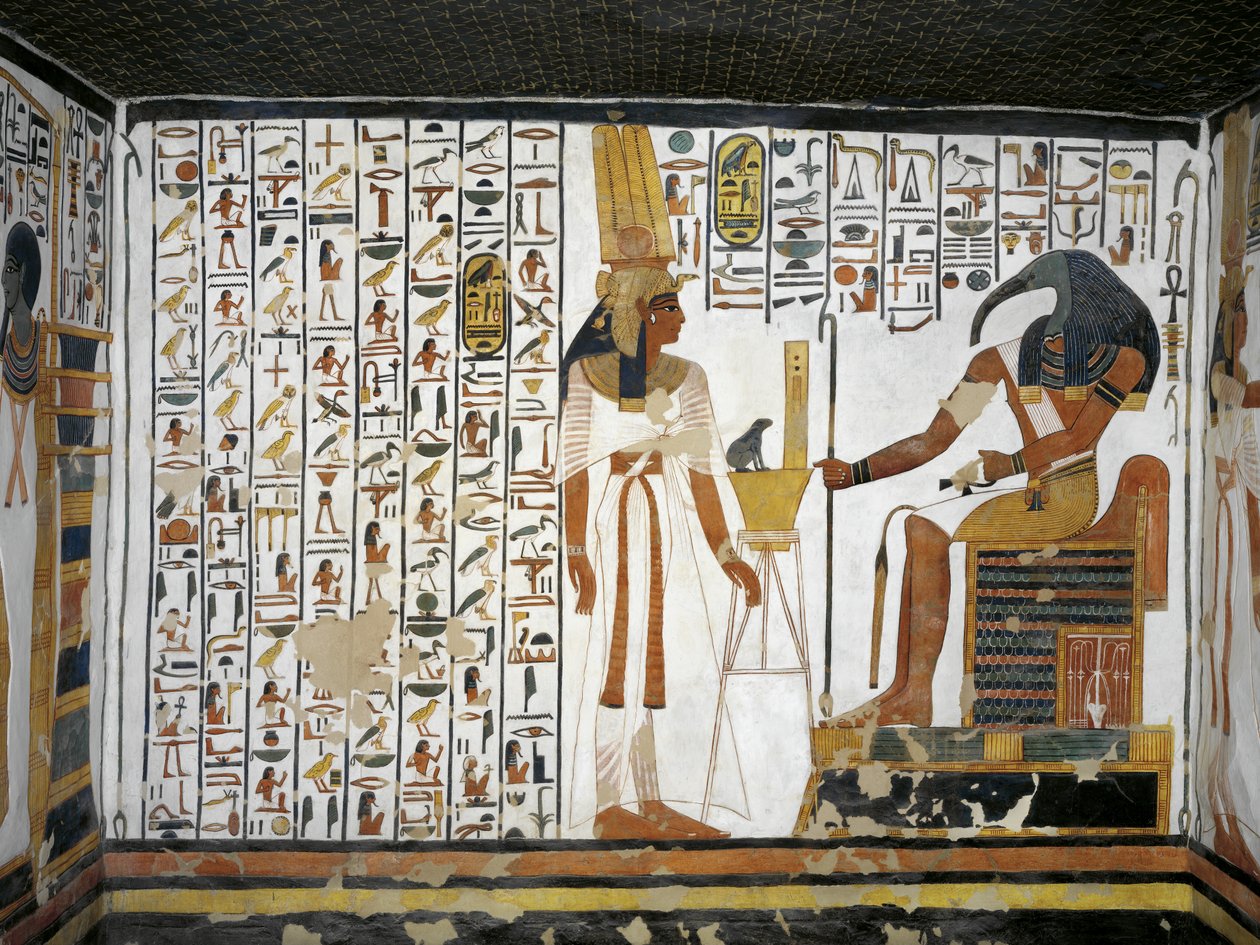 Egypten, Theben, Luxor, Dronningenes Dal, Nefertaris grav, Annex til forkammeret, Vægmalerier, Dronningen før den guddommelige skriver Thoth af Egyptian 19th Dynasty