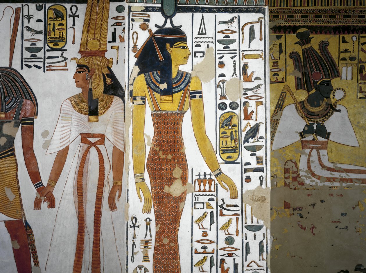Egypten, Theben, Luxor, Dronningenes Dal, Nefertaris grav, Vestibule, Vægmalerier, Harsiesi leder dronningen ved hånden, gudinden Neith af Egyptian 19th Dynasty