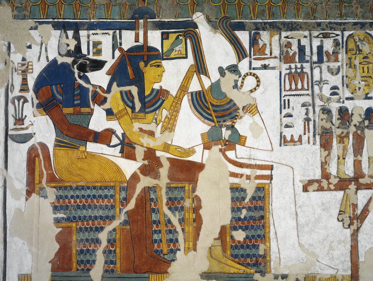 Egypten, Theben, Luxor, Queens Valley, Nefertaris grav, vægmaleri af Anubis, Isis og Osiris i gravkammer fra 19. dynasti af Egyptian 19th Dynasty