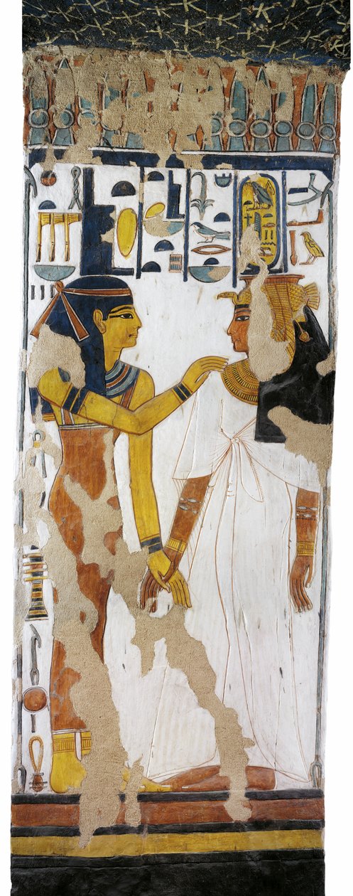 Egypten, Theben, Luxor, Queens Valley, Nefertaris grav, vægmaleri af Isis og dronning på søjle i gravkammer fra 19. dynasti af Egyptian 19th Dynasty