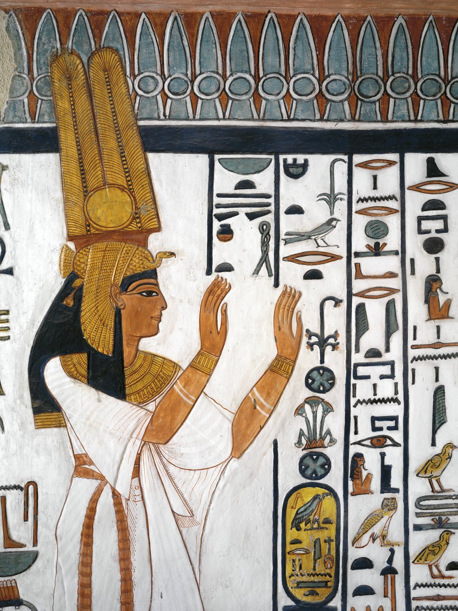 Egypten, Theben, Luxor, Queens Valley, Nefertaris grav, vægmaleri af dronning, der reciterer lighusformel i gravkammer fra 19. dynasti af Egyptian 19th Dynasty