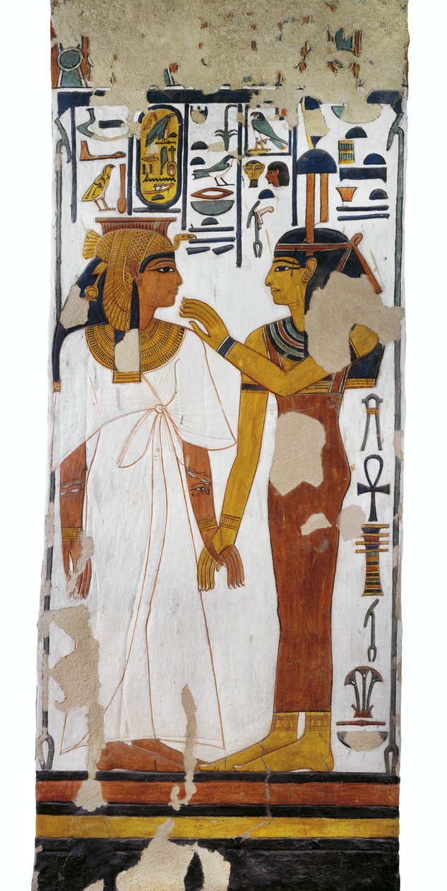 Egypten, Theben, Luxor, Dronningernes dal, Nefertaris grav, vægmaleri af gudinden Isis og dronning på søjle i gravkammer fra det 19. dynasti af Egyptian 19th Dynasty