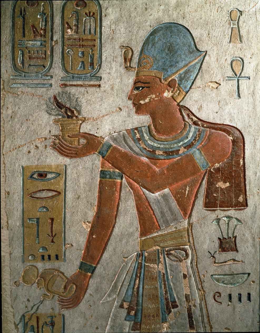 Egyptisk antikvitet: Farao Ramses I (1320-1310 f.Kr.) repræsenterer afbrænding af røgelse og hældning af vand ved en ceremoni. Bind af Ramses I, Kongernes Dal, Egypten af Egyptian 19th Dynasty