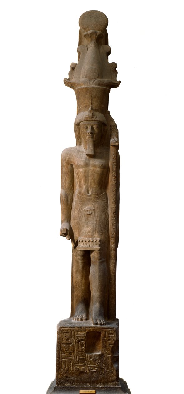 Egyptisk antikvitet: statue af farao Sethi II (Seti eller Sety) (1200-1194 f.Kr.) af det 19. dynasti i pink gres, den bærer et scepter med symbolet på guden Amon, Dim. 465 cm. Egyptisk Museum i Torino. af Egyptian 19th Dynasty