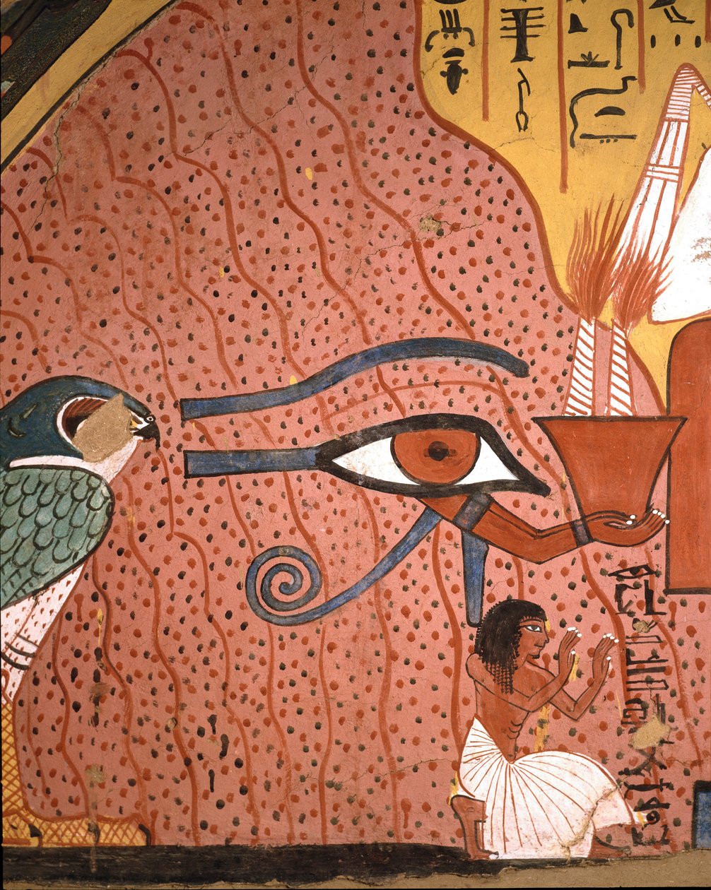 Egyptisk antikvitet: "" håndværkeren Pached (eller Pashedou eller Pachedou eller Pashed eller Pashedu) knæler i tilbedelse nær ham, Horus Oudjats øje""" Fresko af Pachedous grav, Deir, el Medinet, Egypten af Egyptian 19th Dynasty